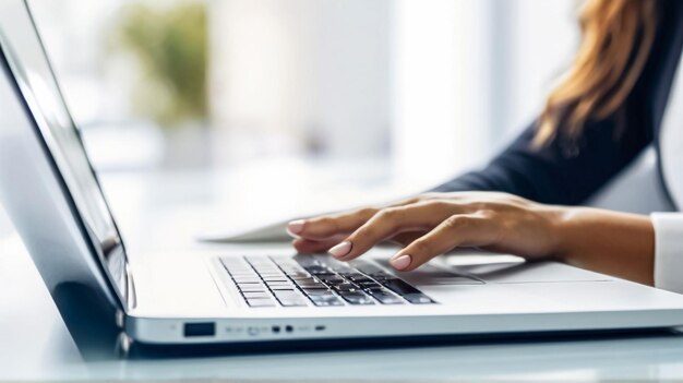 Close up image of woman hands typing on laptop computer keyboard