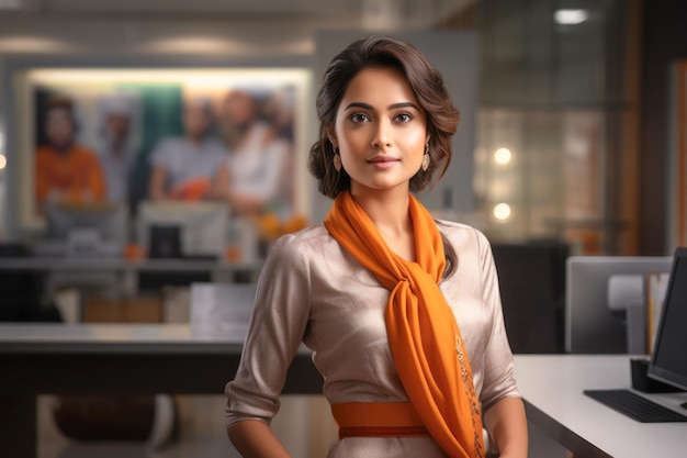 Close up of an Indian businesswoman with her workspace on the background