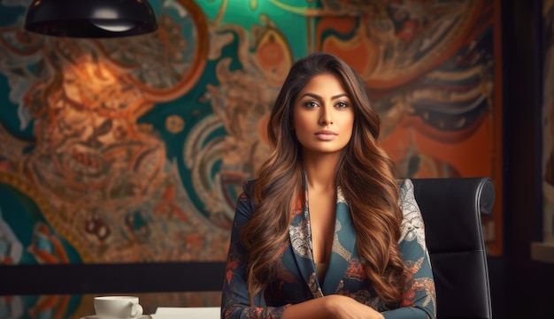 Close up of an Indian businesswoman with her workspace on the background