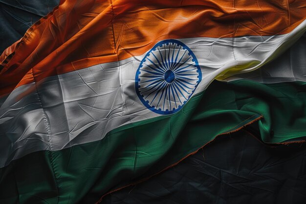 close up of Indian flag on black background top view flat lay