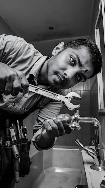 Photo close up of indian plumber is repring faucet of a sink at bathroom using adjustable wrench