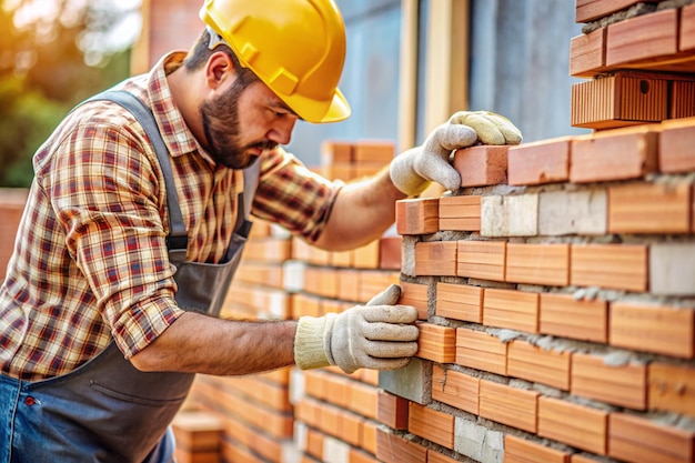 Photo close up of industrial bricklayer installing bricks on construction site