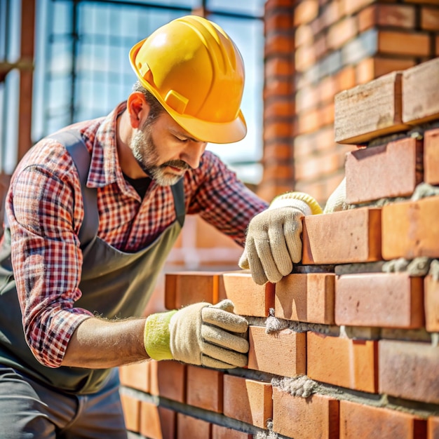 Photo close up of industrial bricklayer installing bricks on construction site