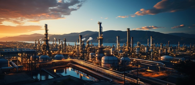 Close up Industrial view at oil refinery plant form industry zone with sunrise and cloudy sky