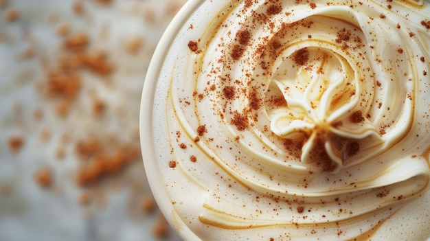 Close up of intricate cinnamon swirls on creamy cappuccino foam in elegant white mug