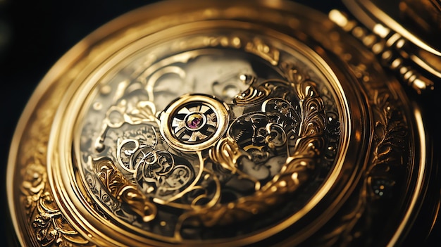 A close up of the intricate mechanics of a gold pocket watch featuring intricate detailing