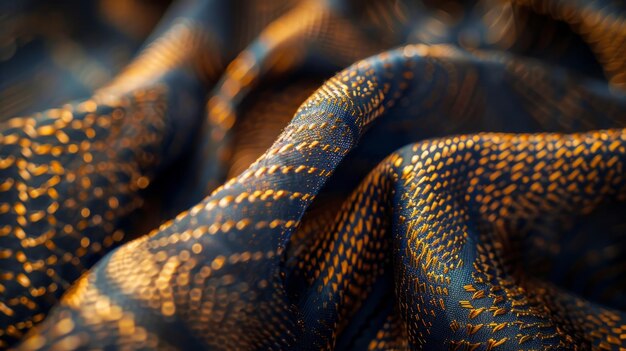 Photo close up of intricate textile pattern in rich blue and gold hues captured in soft light