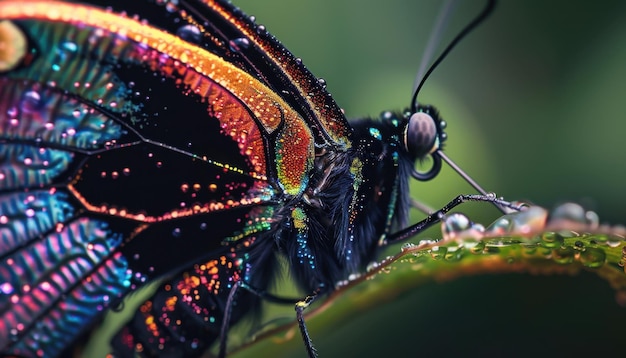 Photo close up of iridescent butterfly on green leaf with dew drops