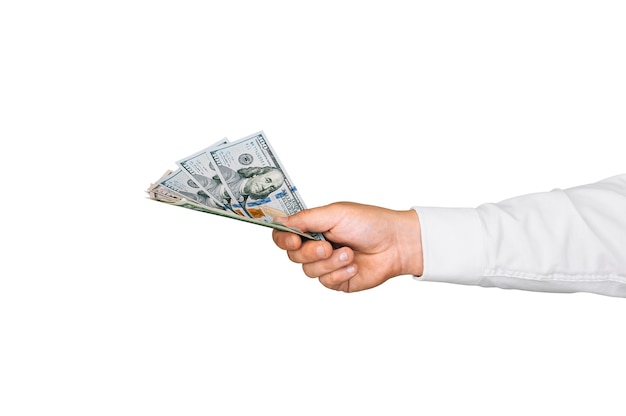 Close-up Isolate, Money in the hand of a man. On white background.