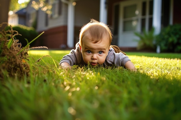 Close up of an isolated baby crawling on the home garden