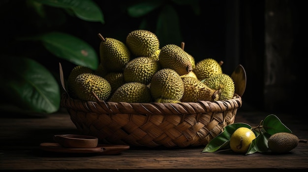 Close up jack fruits on bamboo basket with jack fruit leaf ornament and blurred background