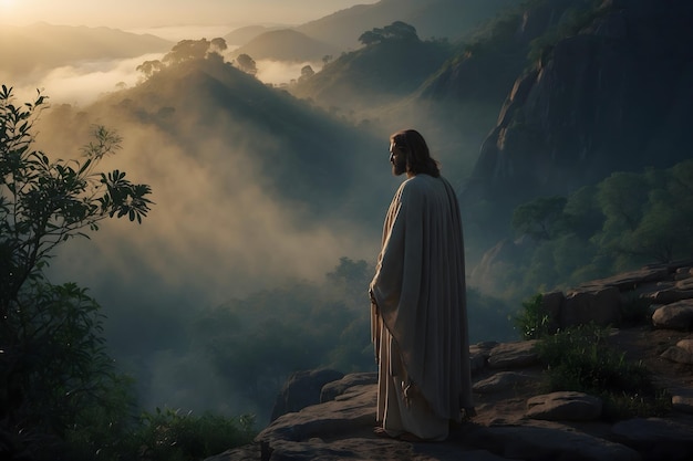 A close up of Jesus with a tranquil background