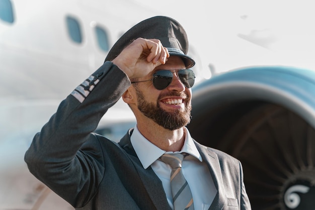 Close up of joyful aircraft pilot standing outdoors at airfield