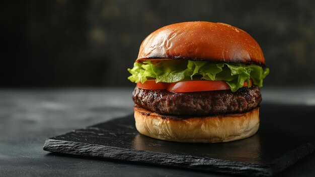 Close up of a juicy burger with lettuce and tomato on a black slate plate