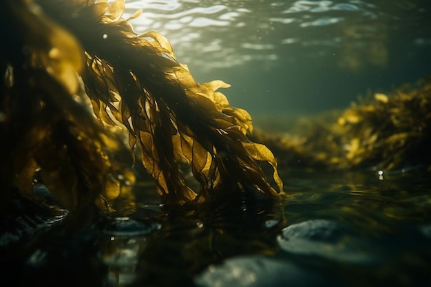 A close up of kelp in water with the sun shining on it