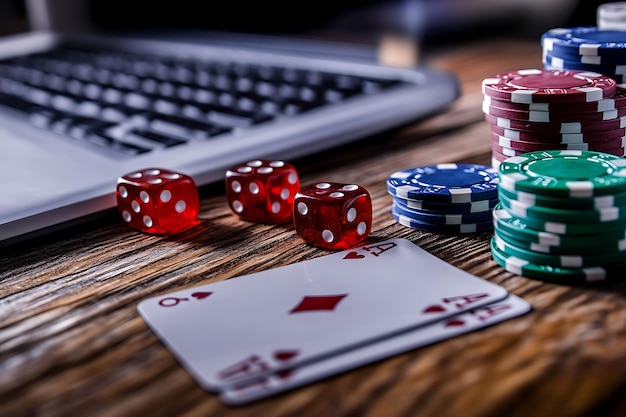 a close up of a keyboard with a bunch of poker chips on it