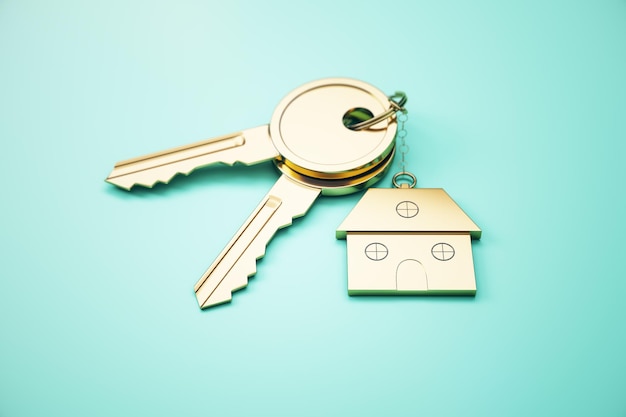 Close up of keys with house keychain on blue surface background Real estate and property concept 3D Rendering