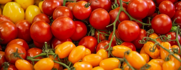 Close up of kind a fresh tomatoes on the marketplace, food and vegetable concept