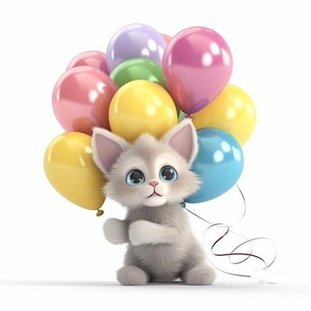 A close up of a kitten holding a bunch of balloons generative ai