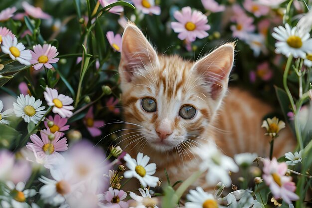 Photo close up on kitten surrounded by flowers