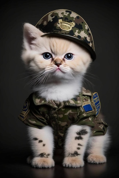 Close up of kitten wearing military uniform and hat generative ai