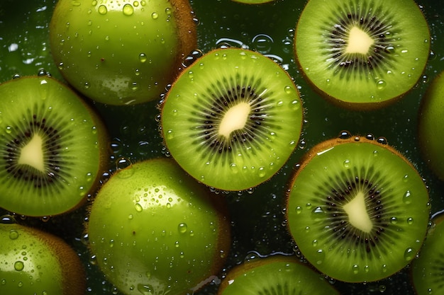 A close up of kiwi fruit with water droplets on it