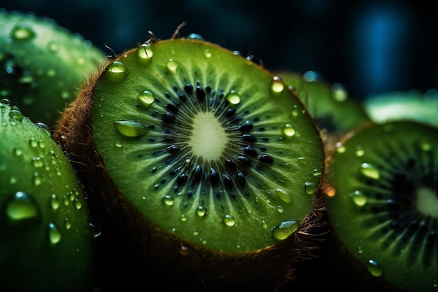 A close up of a kiwi fruit with water drops on it