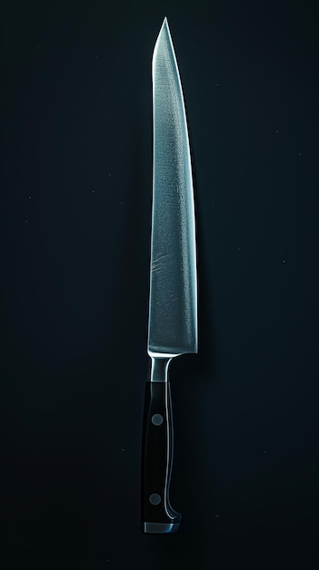 A close up of a knife on a black surface with a black background