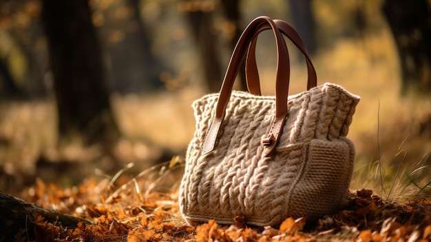 Close up on knitted bag in nature