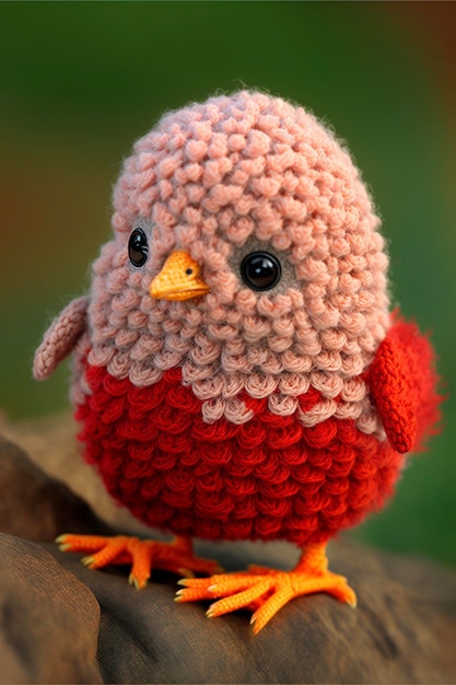 Close up of a knitted bird on a rock generative ai