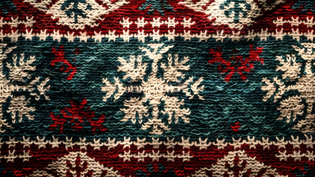 a close up of a knitted fabric with a pattern of snowflakesKnitted seamless red and white pattern