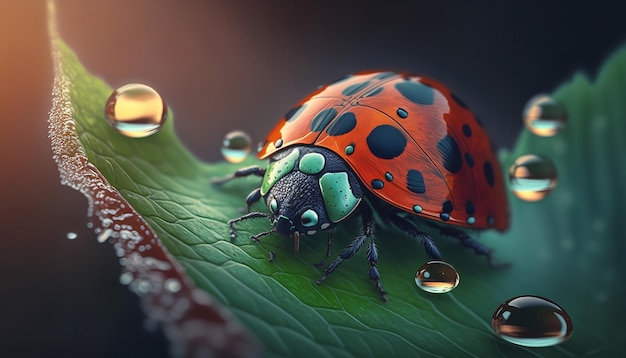 Close up of a ladybug on green leaf Generative Ai