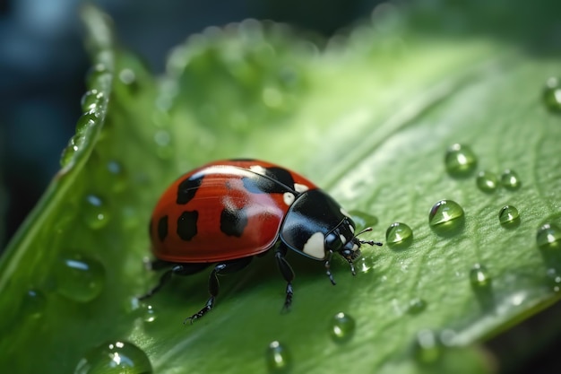 close up a ladybug on leaf water droplets at sunny day on nature background