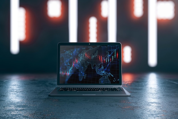 Close up of laptop at abstract illuminated workplace with creative forex grid map on blurry background Trade finance market and invest concept 3D Rendering