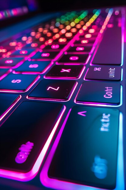 Photo close up of laptop keyboard colorful neon illumination backlit keyboard