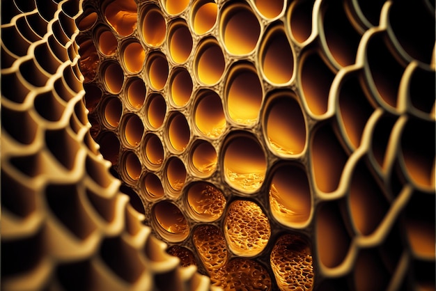 Close up of large group beeswape in honeycombed hive generative ai