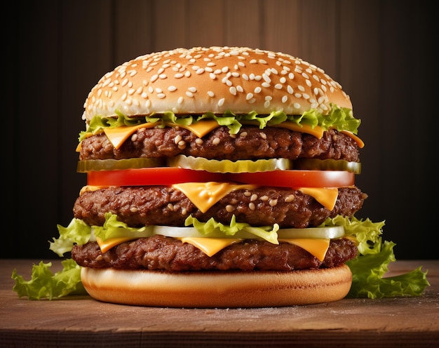 a close up of a large hamburger with cheese and lettuce generative ai