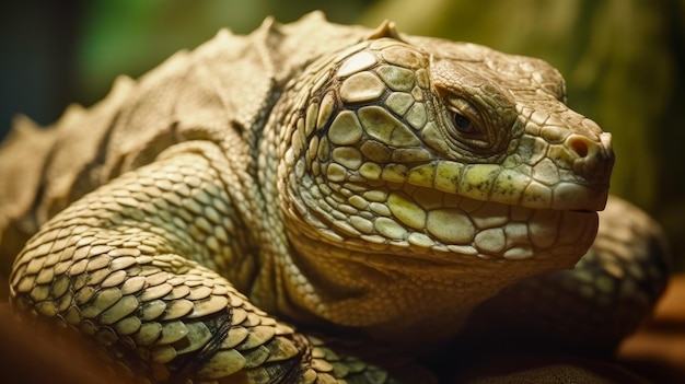 Close up of large lizard laying on bed of dirt and grass Generative AI