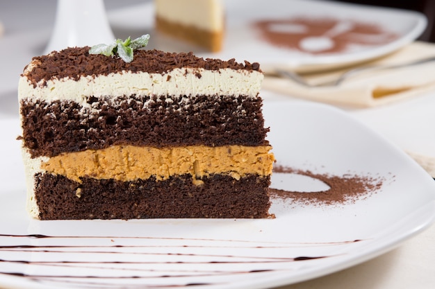 Close up of a large slice of freshly baked layered chocolate cream cake topped with cocoa powder served at table for dessert in a restaurant