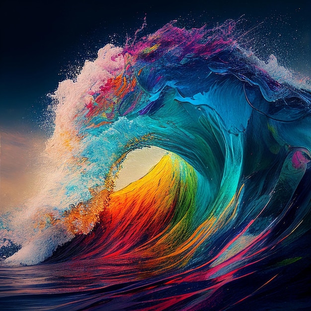 A close up of large wave in the ocean with colorful colors generative ai