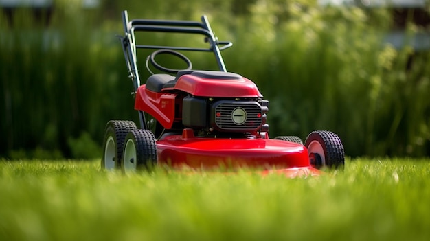 a close up of a lawn mower on a grassy field generative ai