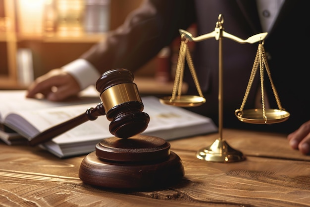 Close up of a lawyers hand holding a gavel and golden scales