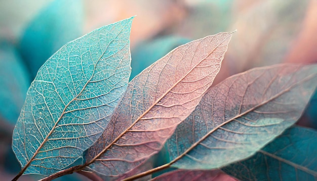 a close up of a leaf with the blue and green colors