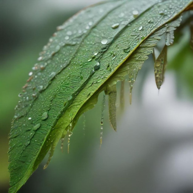 a close up of a leaf with water droplets on it