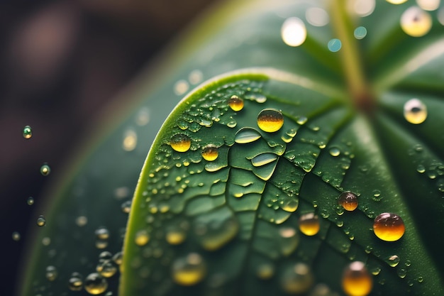 A close up of a leaf with water droplets on it