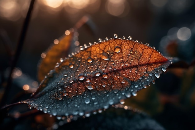 A close up of a leaf with water droplets on it