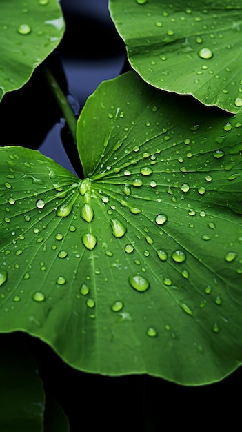 a close up of a leaf with water droplets on it