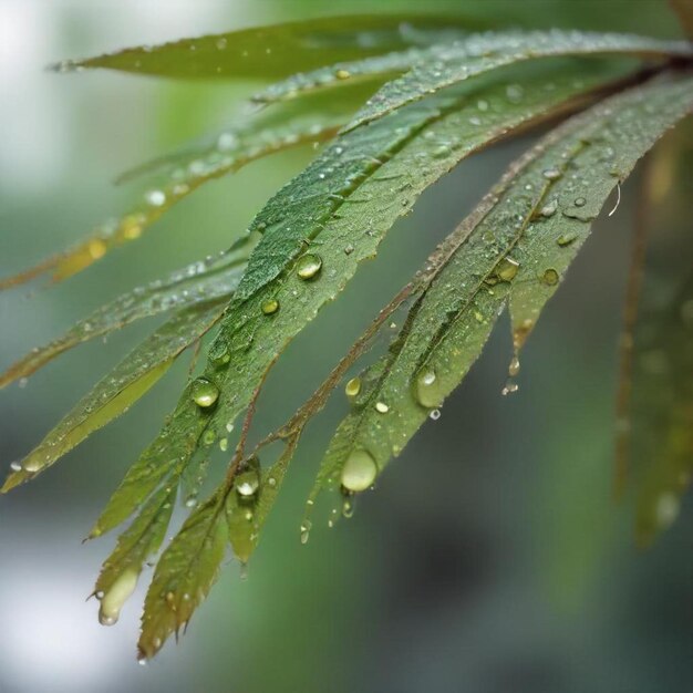 a close up of a leaf with water drops on it