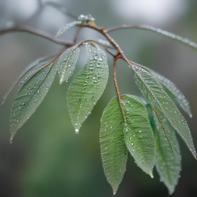 a close up of a leaf with water drops on it