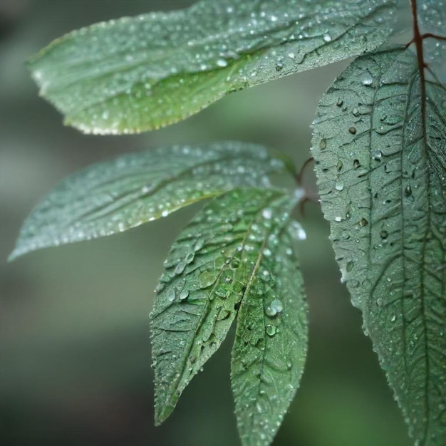 a close up of a leaf with water drops on it